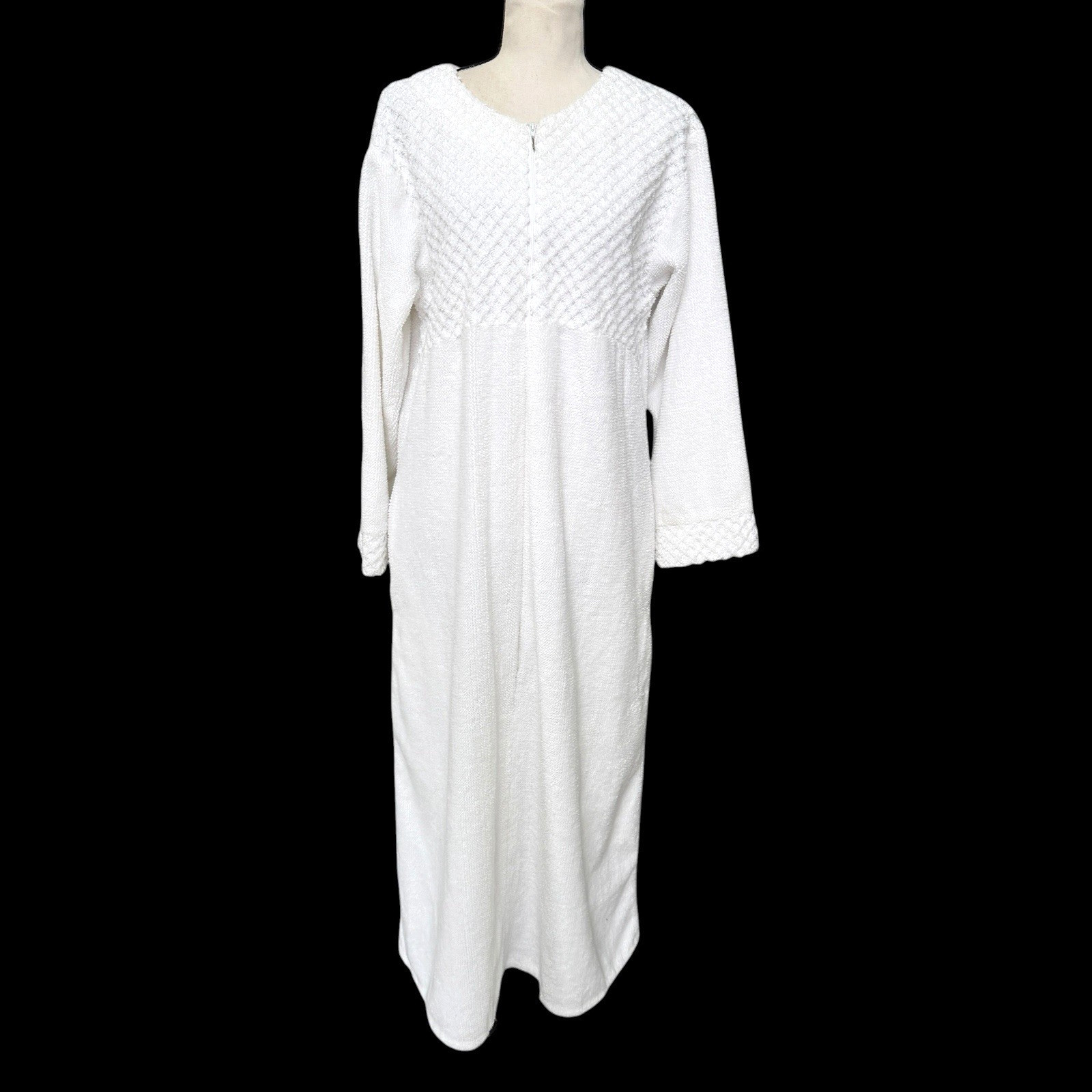 Vintage 70s Stan Herman White Terry Zip Front House Dress Robe Med