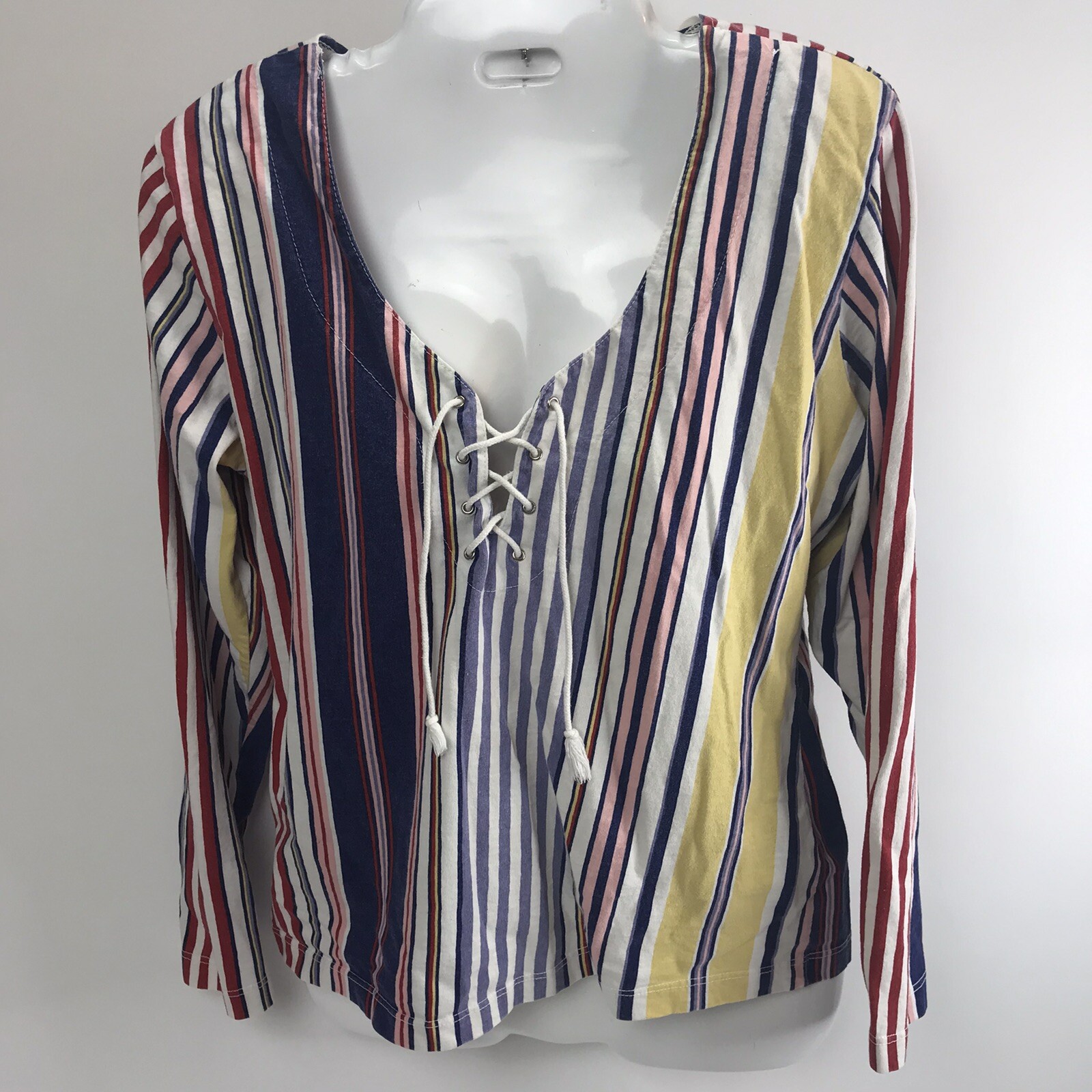 Vtg Top Star Cody 90s L Striped Pullover Lace-Up Front tee blouse long slv USA