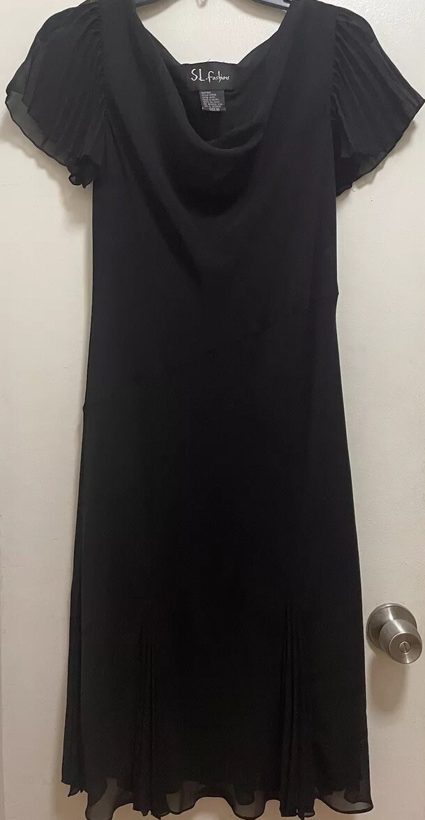 S.L.Fashions Vintage Black Flare Pleated Stretch Midi Dress Women&rsquo;s Size 10