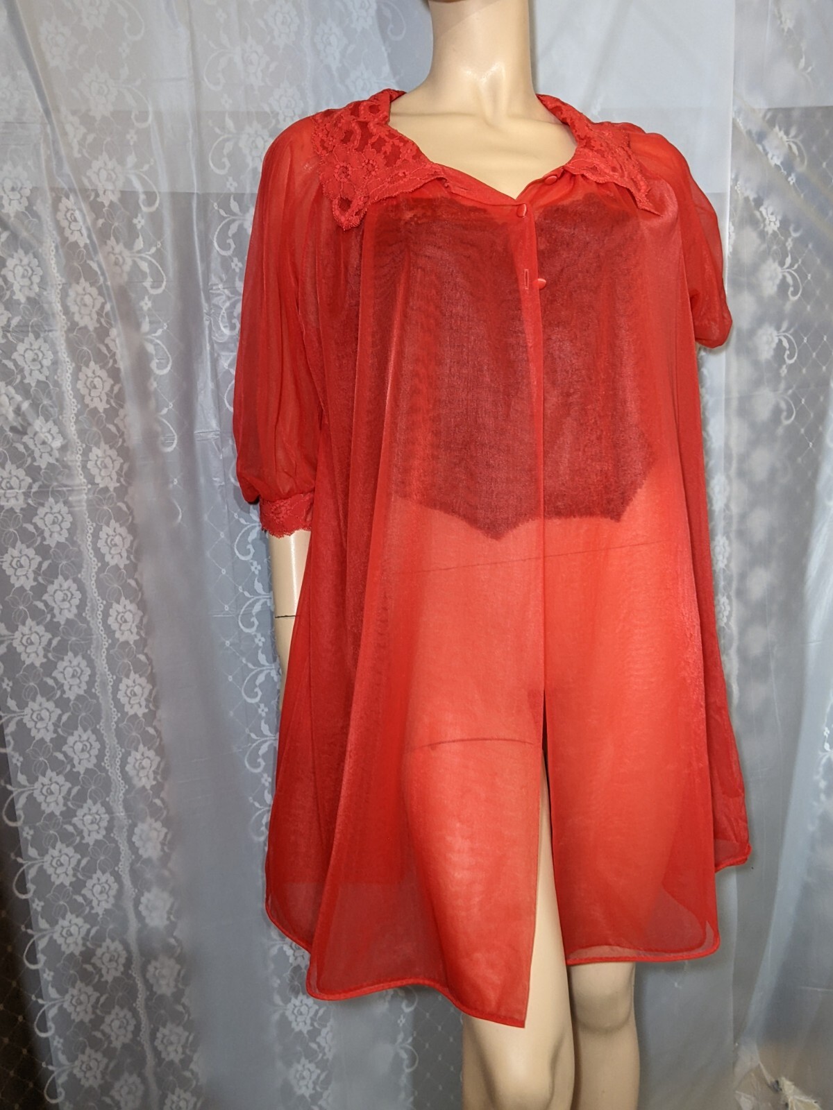 Vintage TEXSHEEN Red DOUBLE CHIFFON Lingerie Dress Satin Buttons Peignoir Robe M