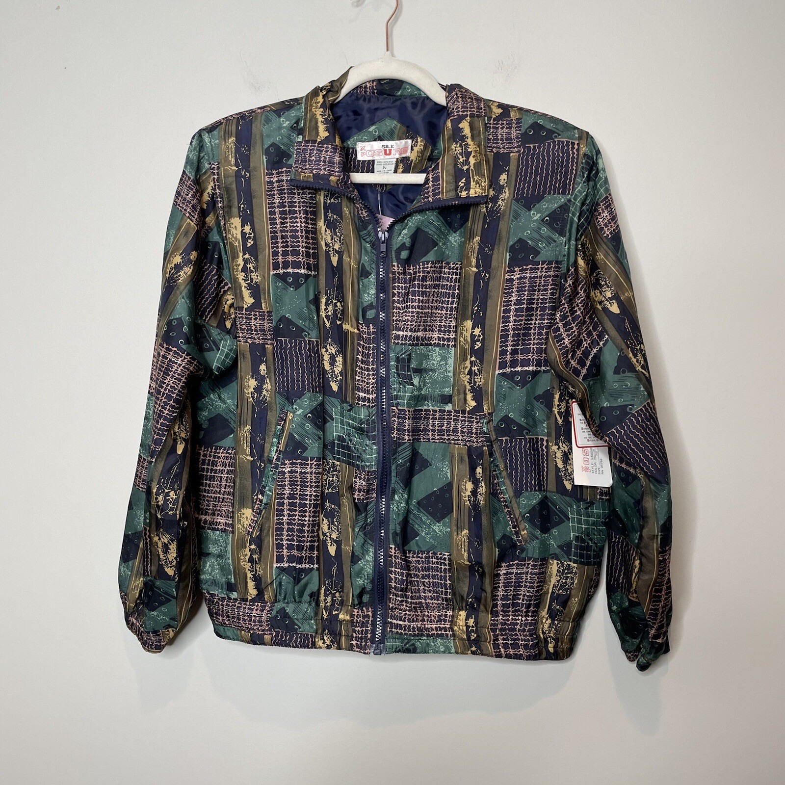 Vintage Deadstock 100% Silk Bomber Jacket Size Petite Medium Abstract Patchwork