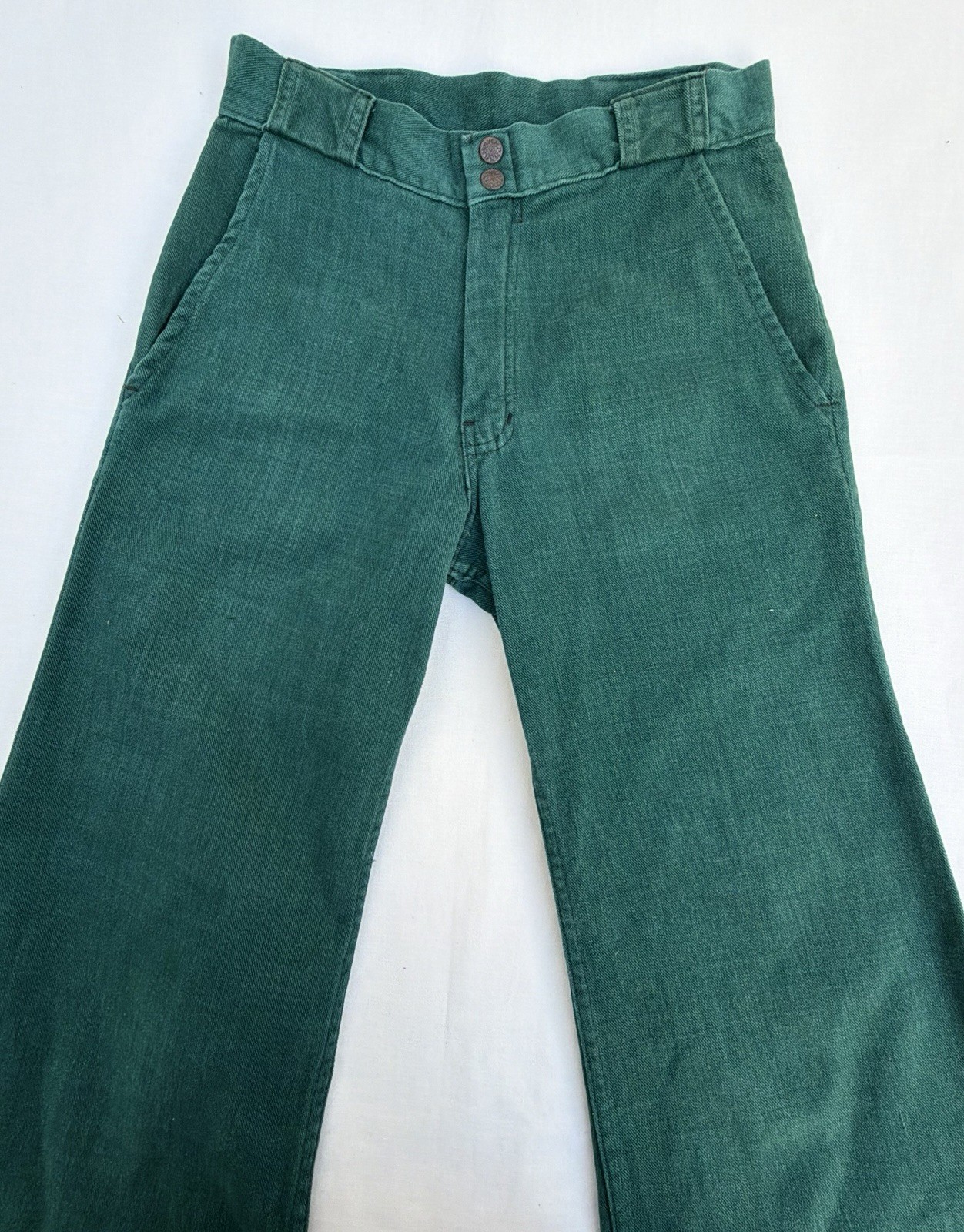 Vintage c1974 Forest Green Flared Pants Jeans Brushed Twill EUC 28” x 43.75”