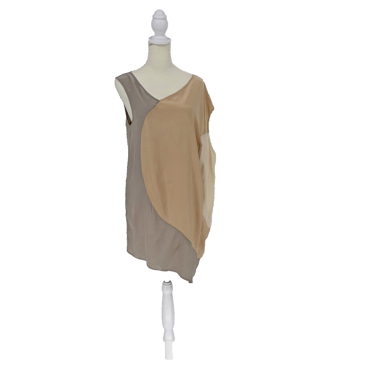 VTG Gold Hawk 100% Silk Blouse M Asymmetric Colorblock Sleeveless Top Beige USA
