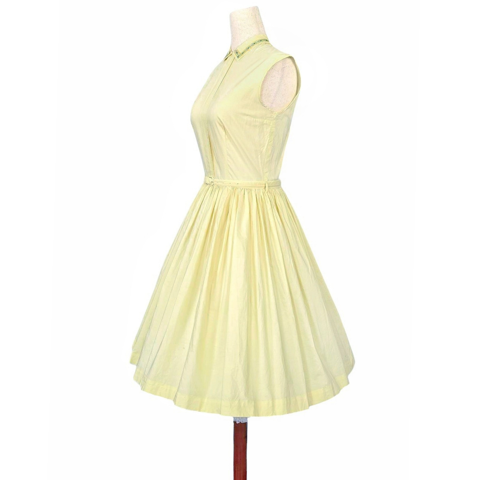1950s Vintage Dress Belt Set 50s Summer Fit N Flare Cotton Yellow Embroidered XS