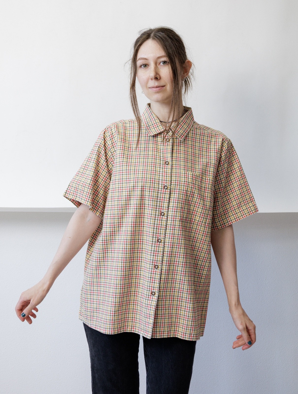 Vintage 90s Tattersall Check Plaid Short Sleeve Button Up Shirt Women&rsquo;s L Oversi