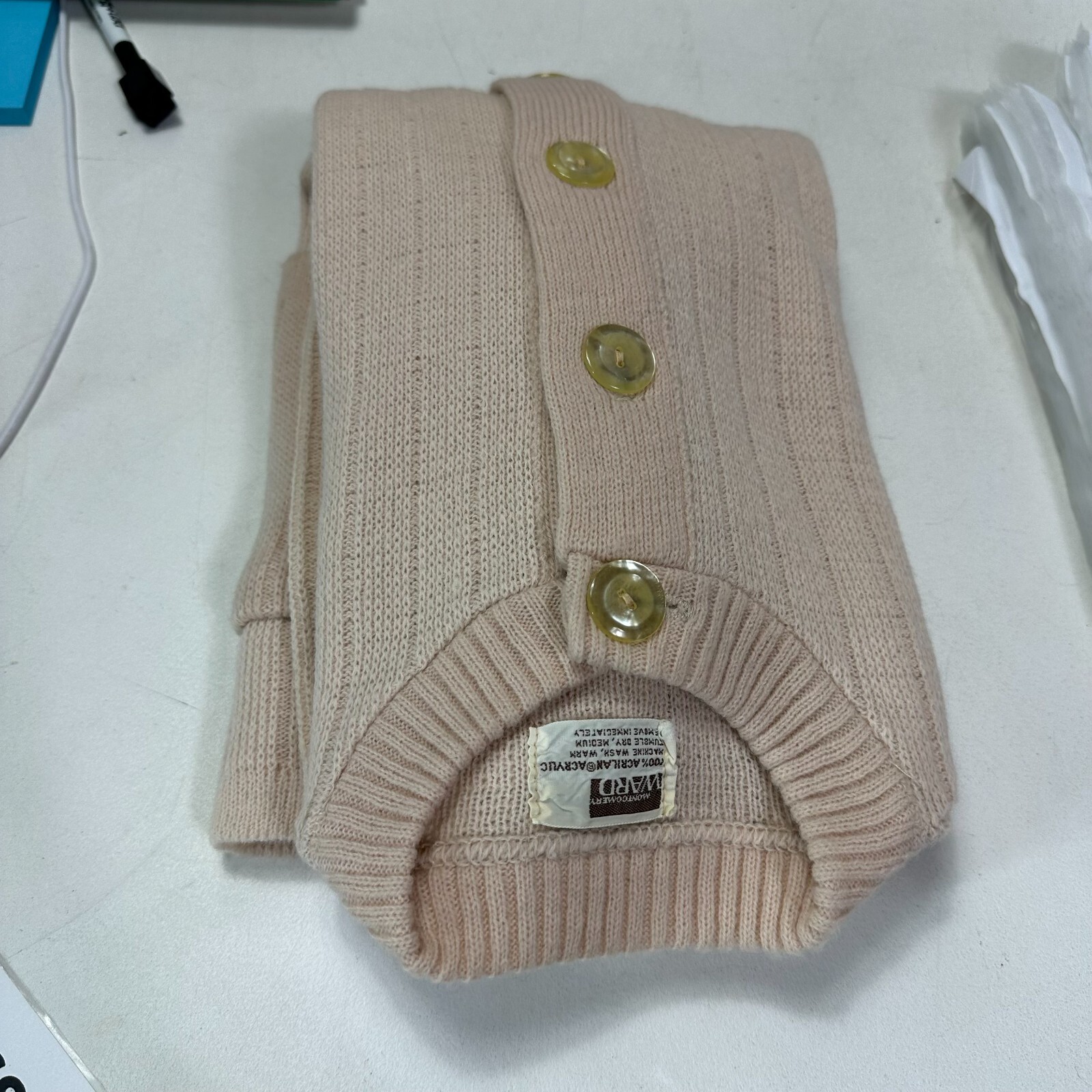 Vintage Solid Beige Oatmeal Cardigan Sweater S/M Montgomery Ward 70s Pockets