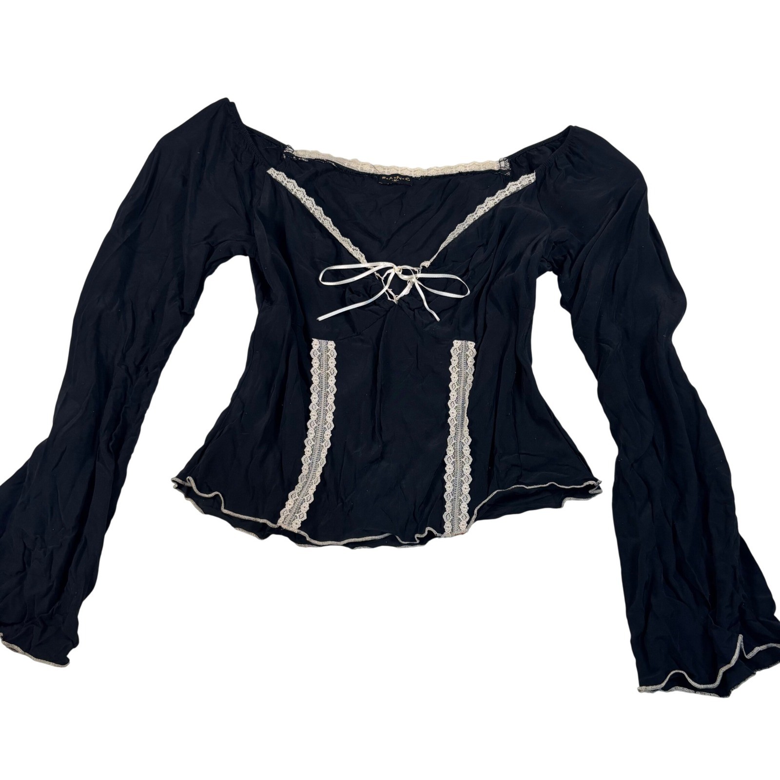 vintage Y2K fang black beige lace bow top ruffle fairy goth coquette milkmaid