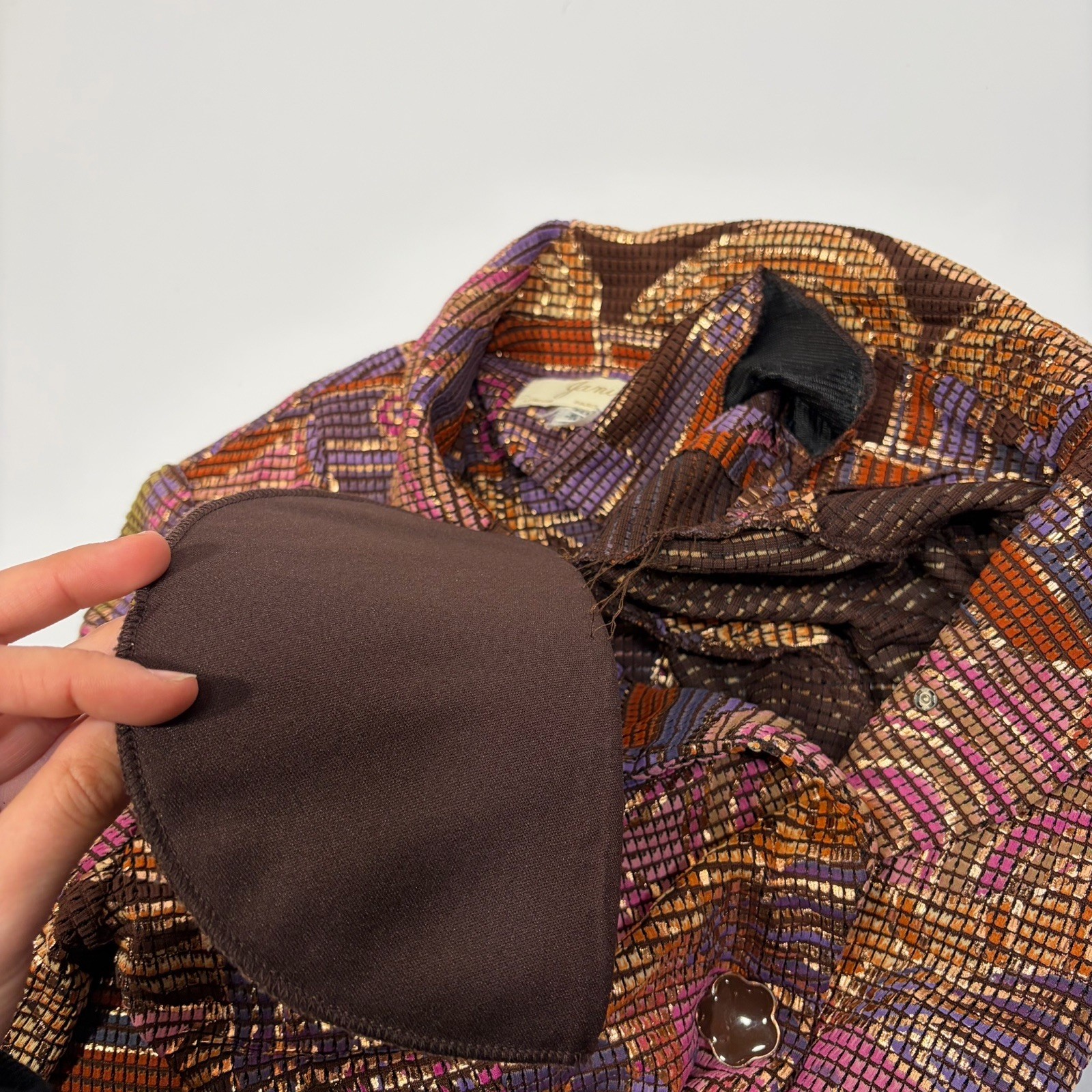 Janine Petites Geometric Skirt Suit Brown Purple Gold Pink Multicolor