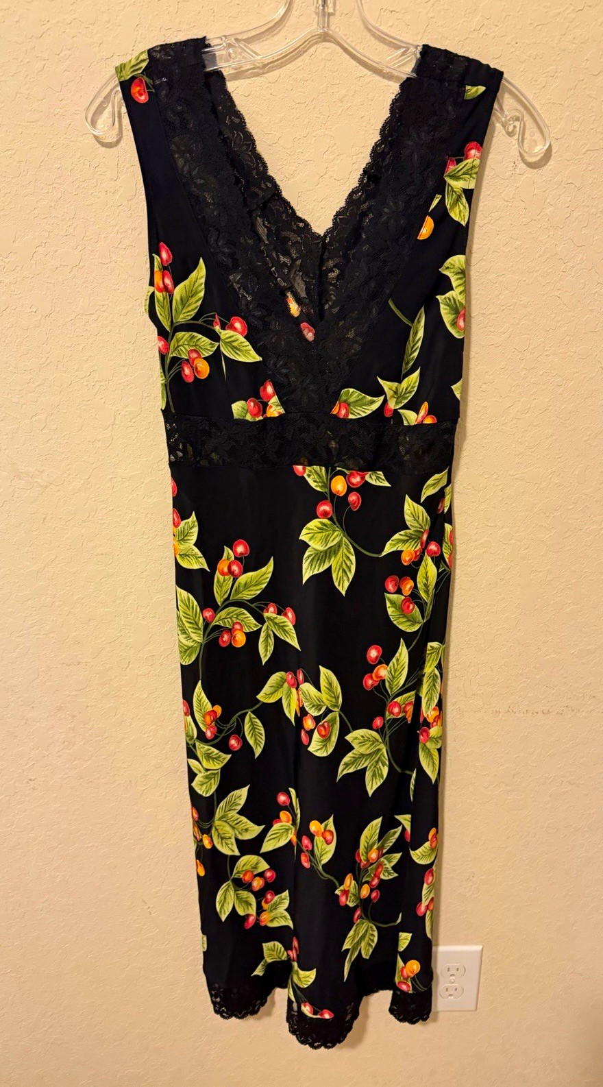 Vintage Y2K Bebe Cherry Print Lace Trim Slip Dress, Black Red, Women&rsquo;s Size M
