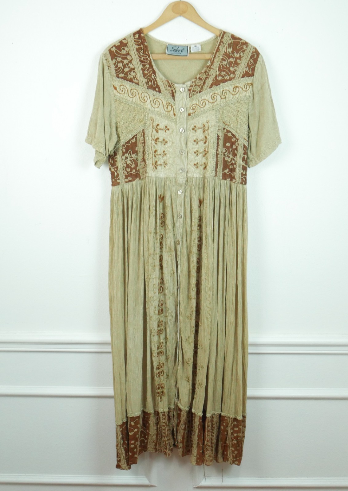 Vintage 90s XL Maxi Dress Embroidered Crinkle Festival Grunge Renaissance Button