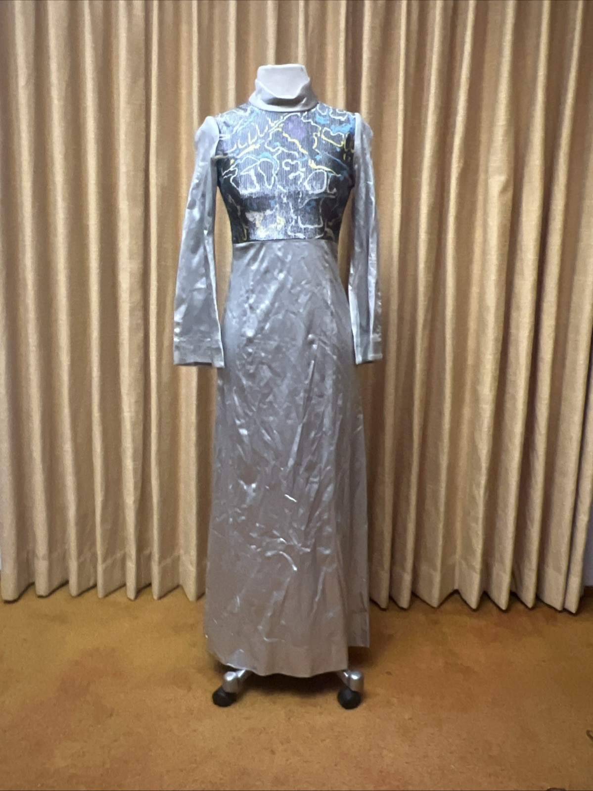 Vtg 1960s Liquid Silver Psychedelic Space Age Disco Maxi Dress With Bell Sleeves