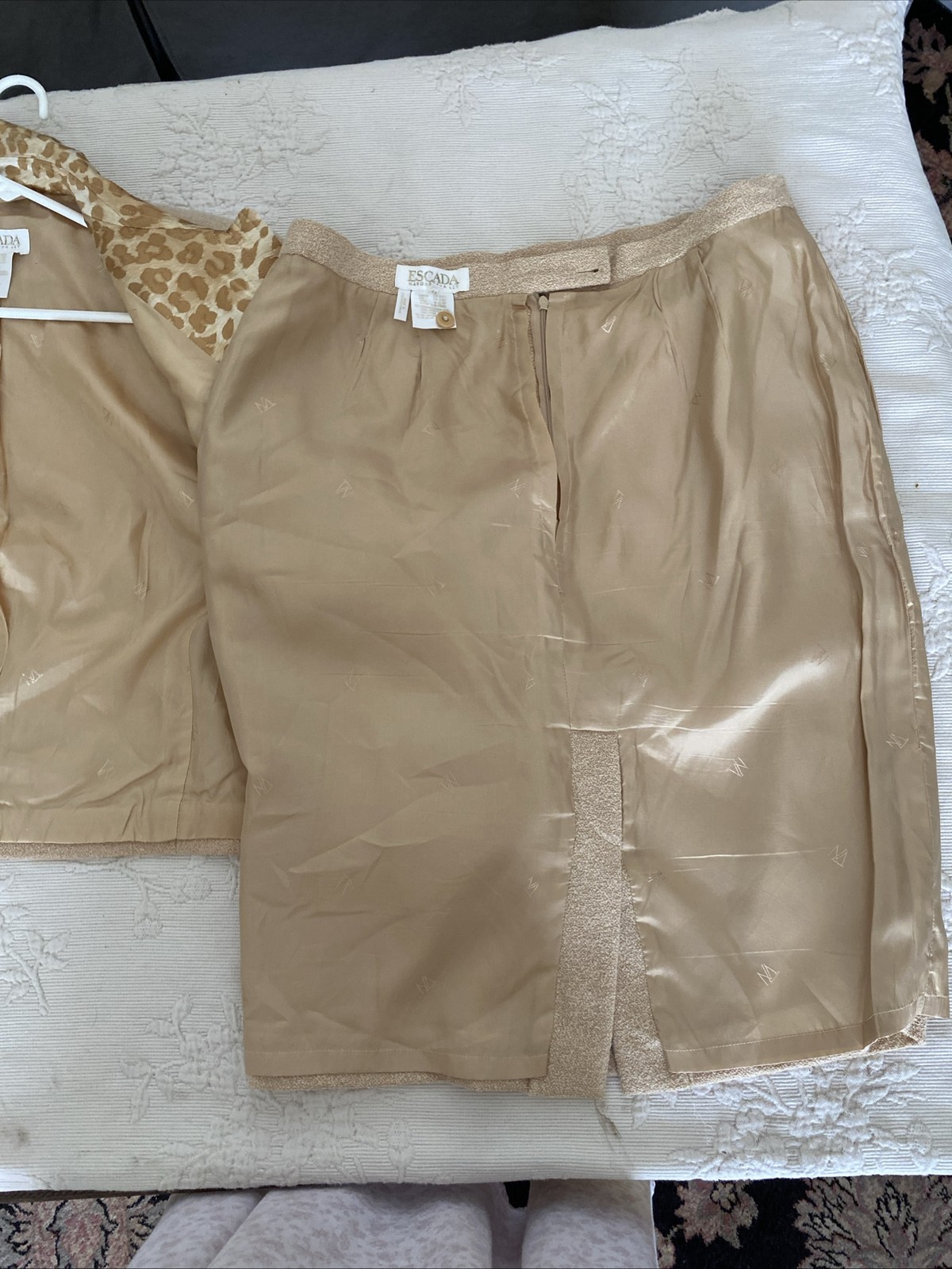 ESCADA Women’s SZ 44 Nubby Leopard Camel Beige Jacket & Skirt Vintage 2 PC Suit