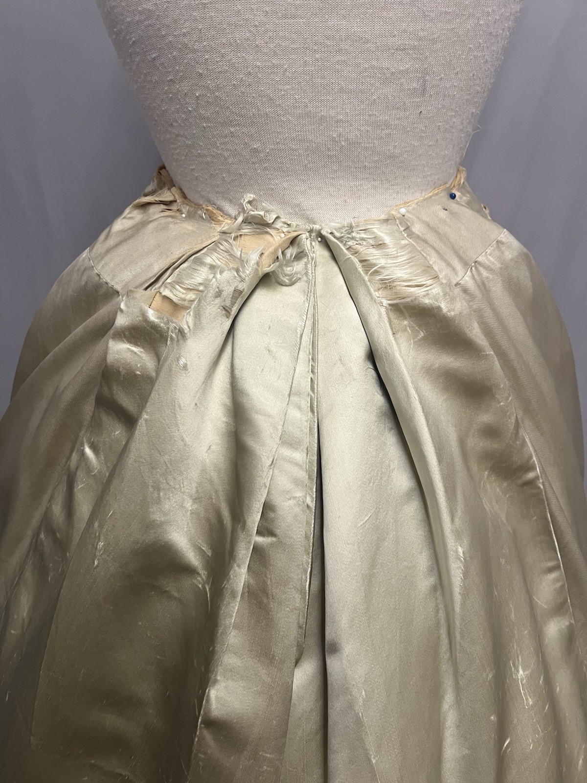 1880’s Light Celery Green Silk Bustle Skirt – Heavy Embroidered & Beaded Florals