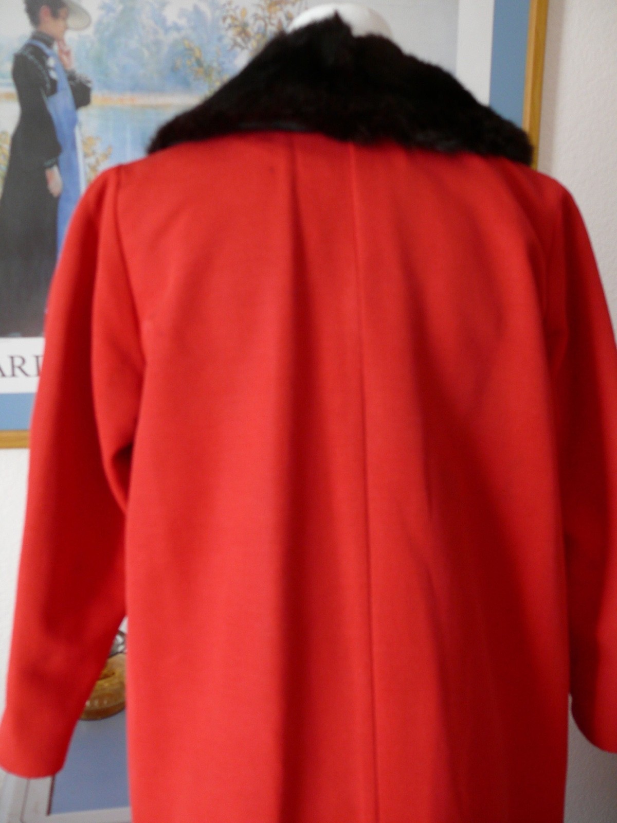 1950`s Red Faille` Silk & Rayon Blend Red Evening Coat with Black fur Collar