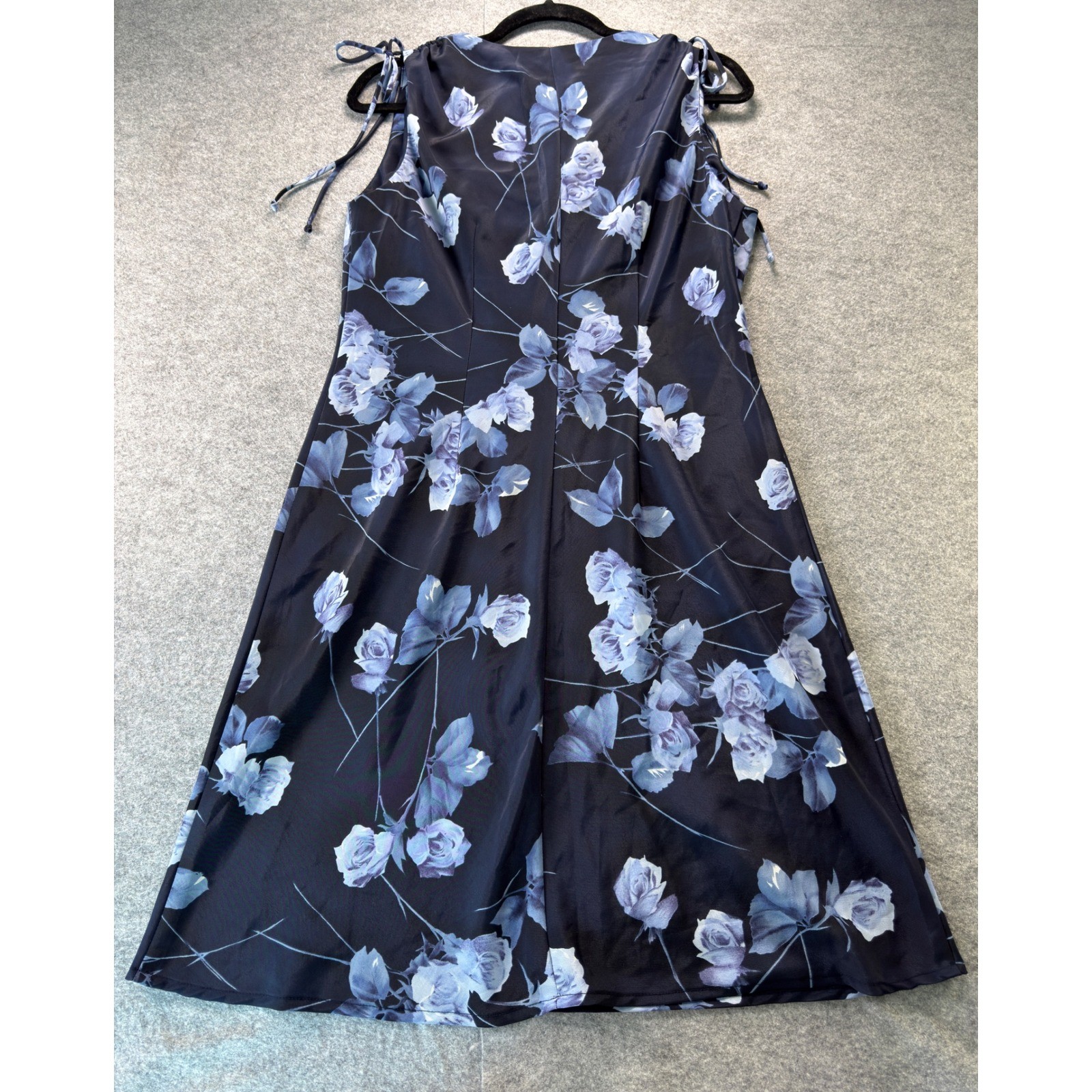 Lisa Jo Floral Midi Dress Women Large Navy Blue Vintage 90s Y2K Tie Shoulder