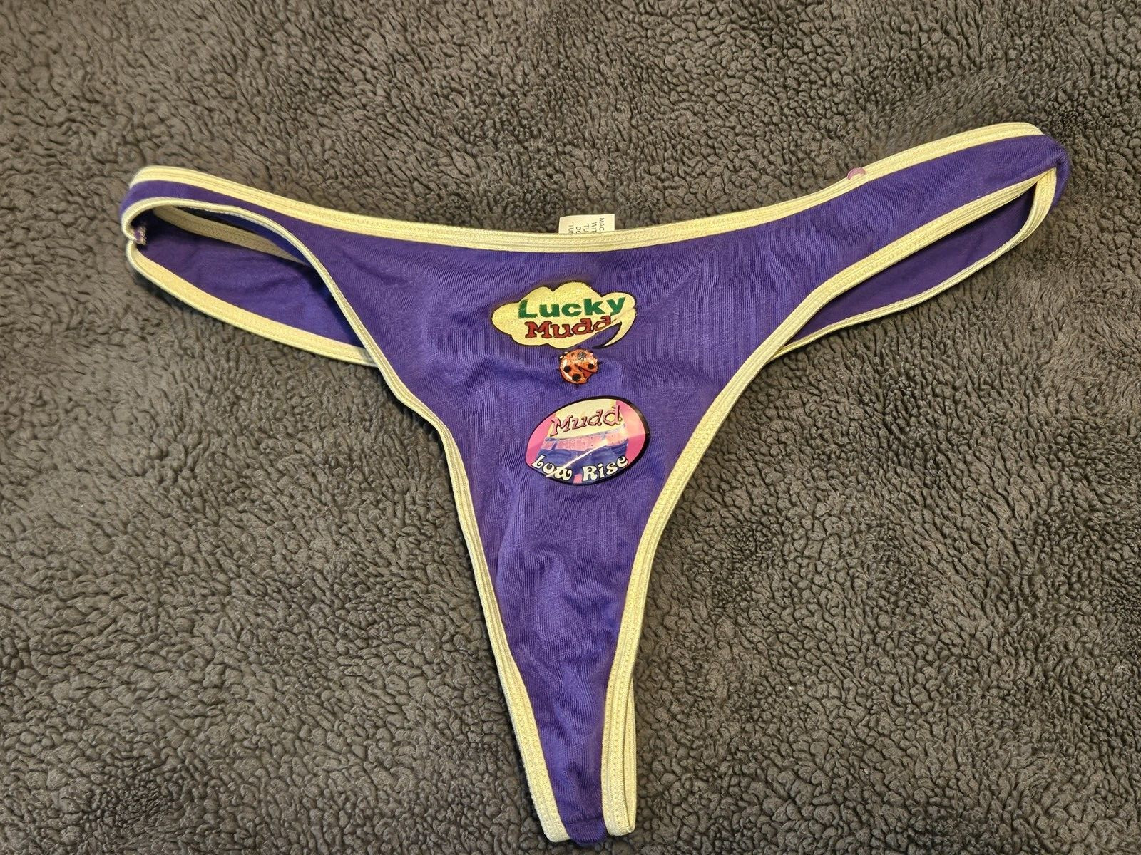 MUDD Women&rsquo;s Low Rise Lucky Mudd Logo Thong Panties Large Purple NWT