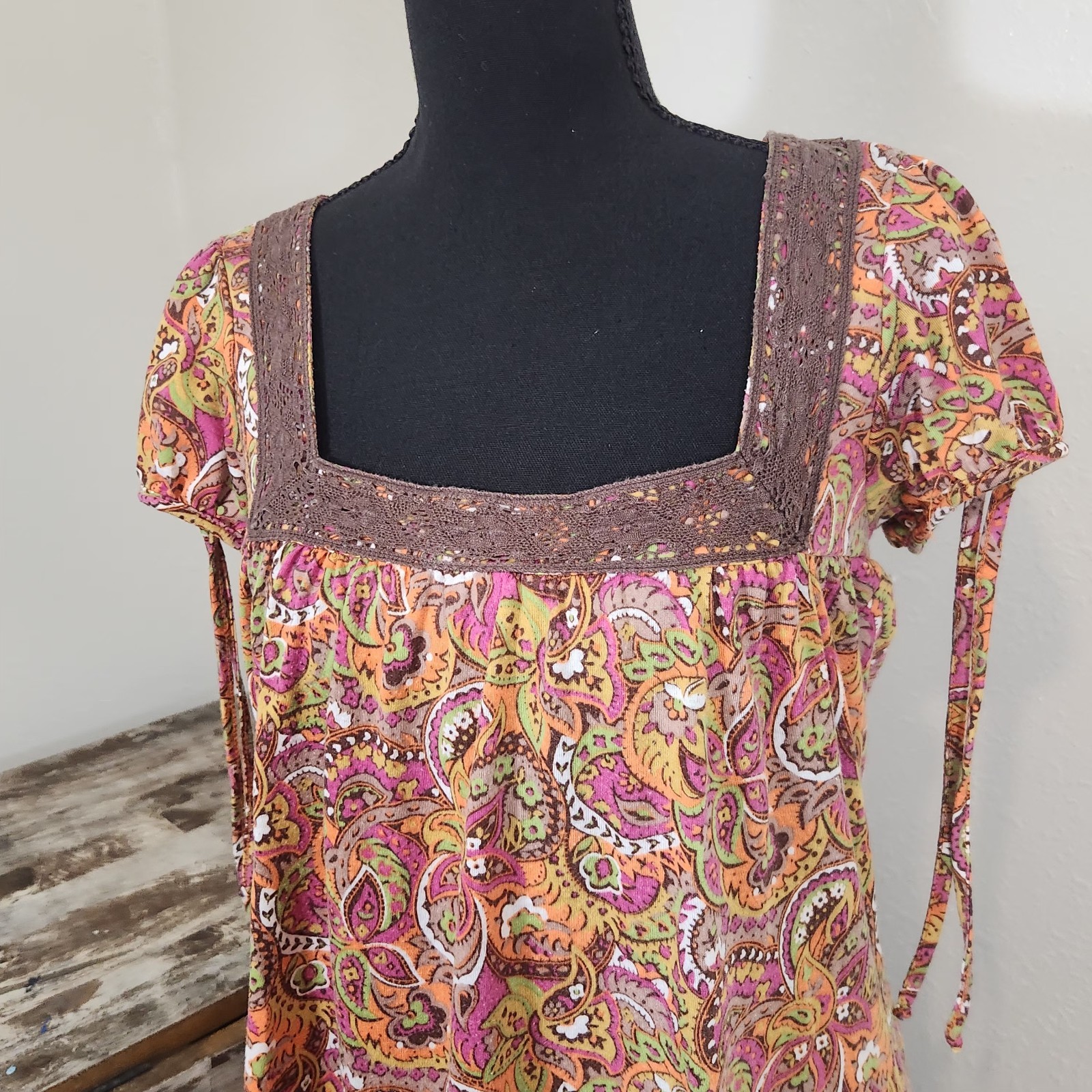 Vintage Wet Seal Y2K 90s Dress M Babydoll Crochet Fringe Colorful Paisley Tunic