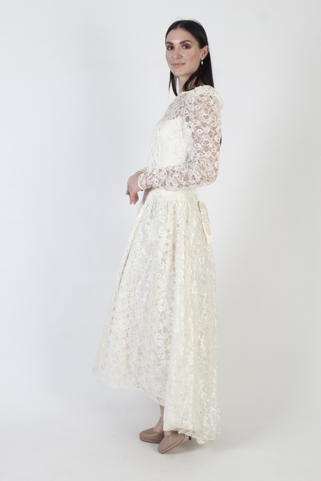 Vtg Alfred Angelo Asymmetrical Wedding Dress Victorian Cream Bridal Prom Gown