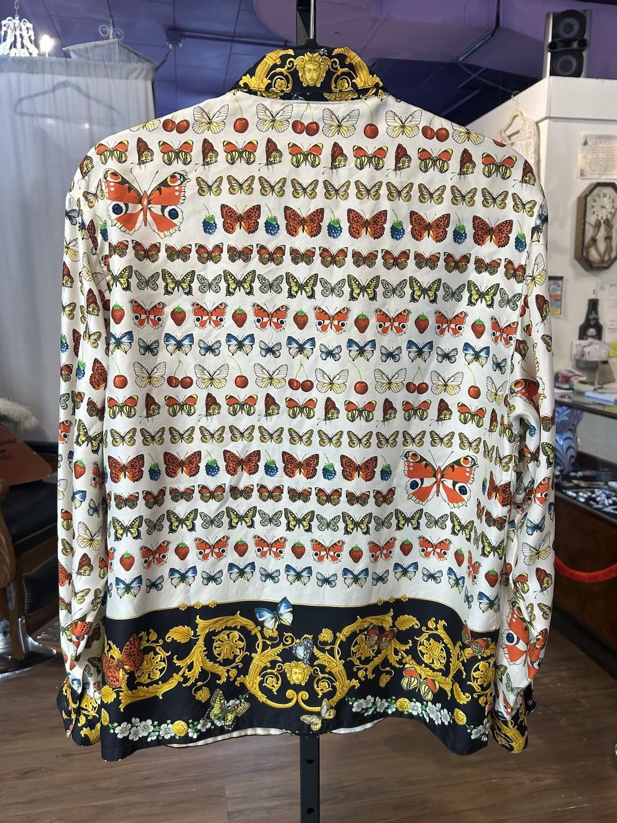 Vintage 1990s Gianni Versace Silk Blouse w/ Baroque Butterfly Fruit Print