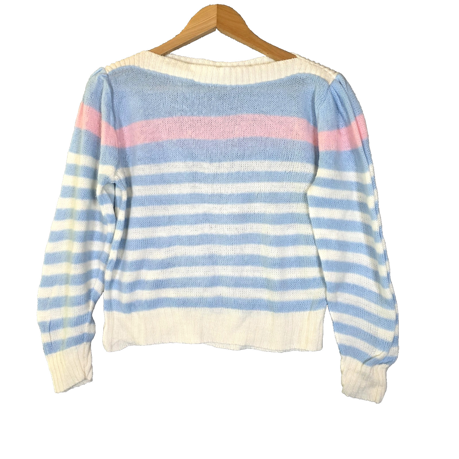Vintage 70s 80s Pastel Striped Knit Sweater Puff Sleeve Boat Neck Blue Pink M
