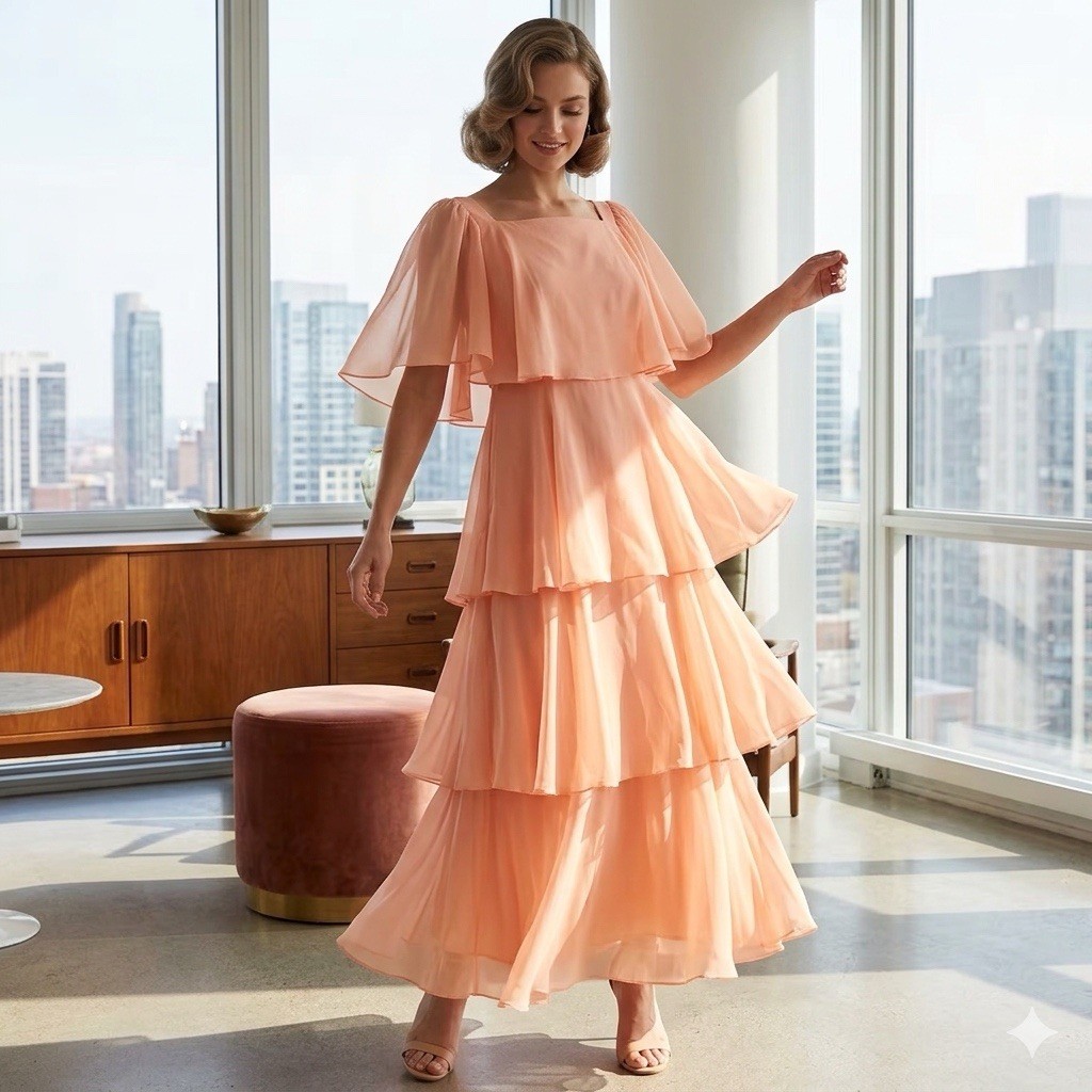 Vintage 1970s Peach Chiffon Tiered Maxi Dress Flutter Sleeve Prom Bridesmaid