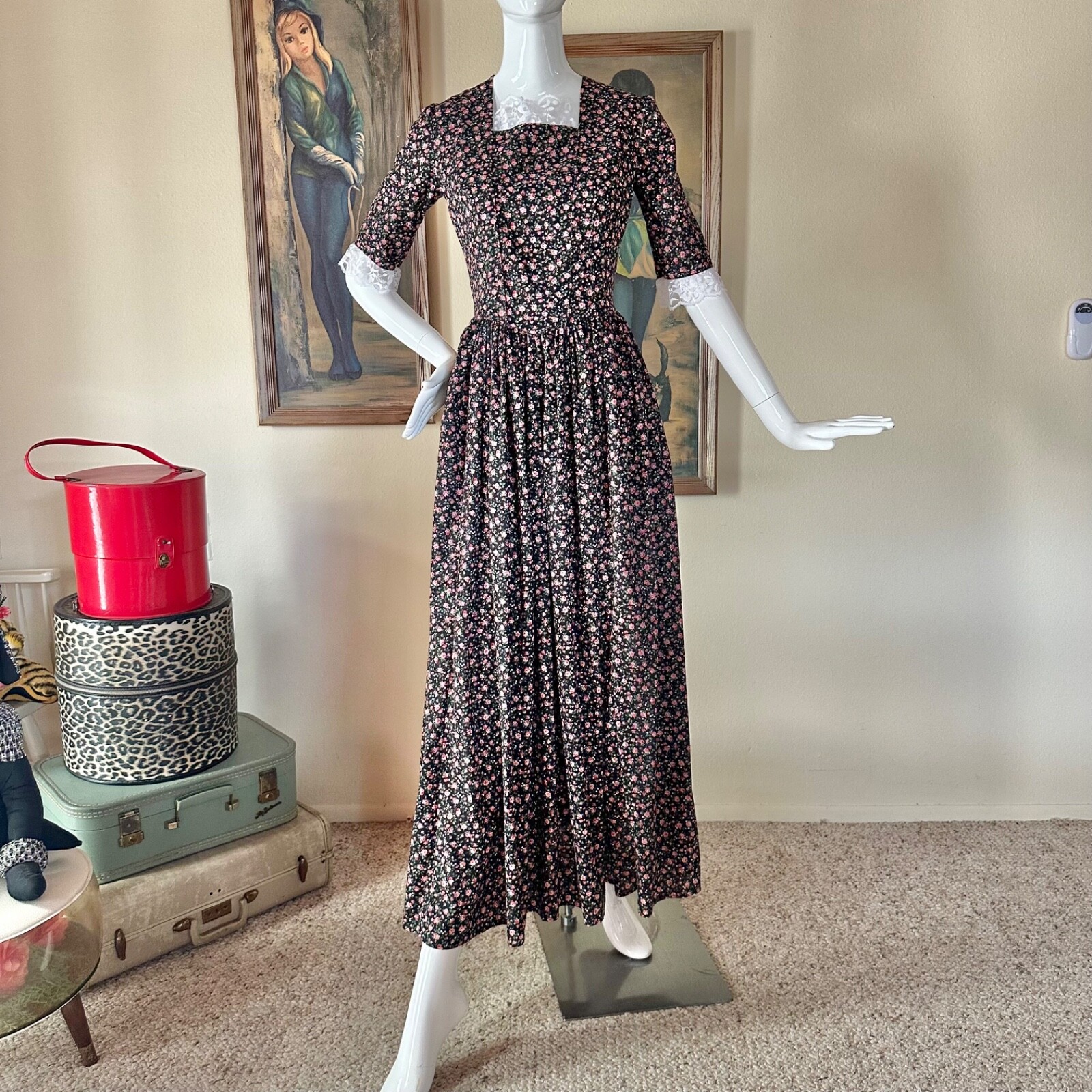 Vintage 1970s Floral Prairie Maxi Dress Colonial Costume Countrycore S