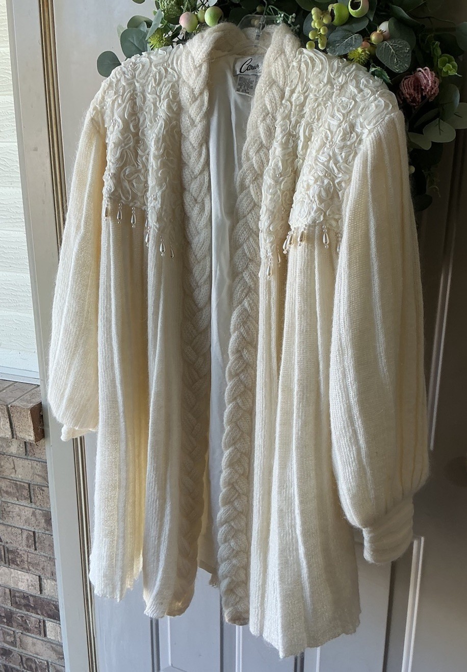VTG Cream Ivory Angora Sweater Coat Duster Cardigan L Pleat Exquisite Jacket