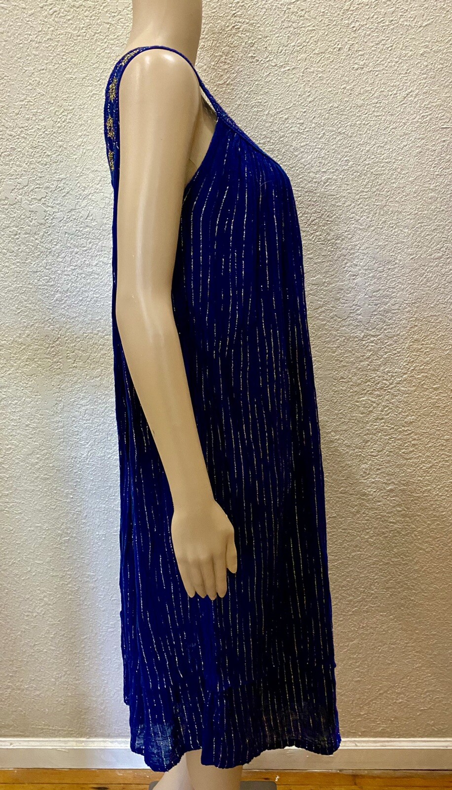 70s Boho Indigo Blue Sheer Cotton Gauze Gold Metallic Crochet Lace Sundress OS