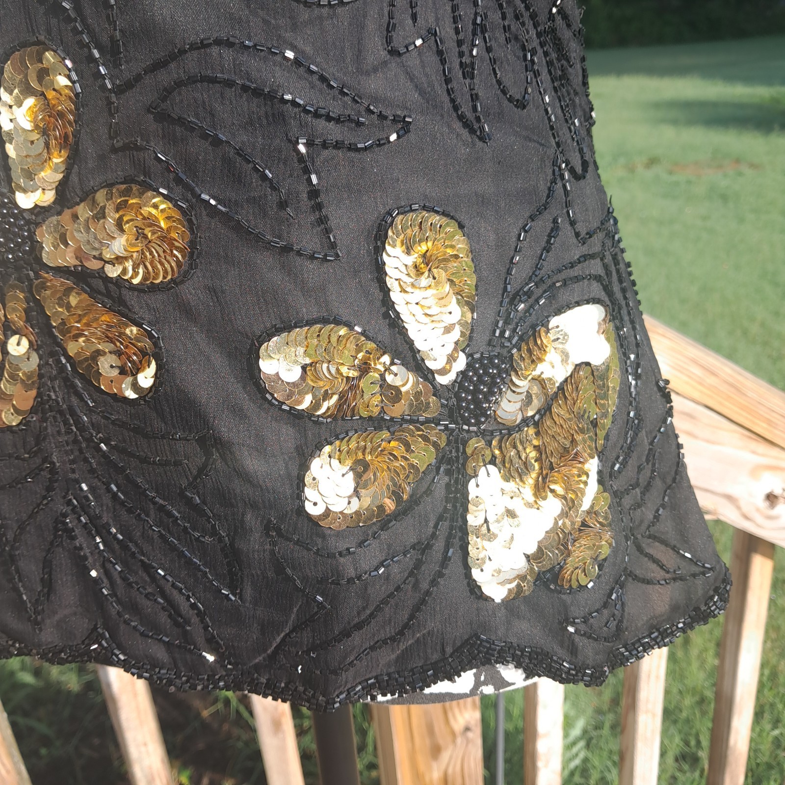 Vintage Stenay Silk Sequin Beaded Top Small Floral Black Gold Regency Goth Event