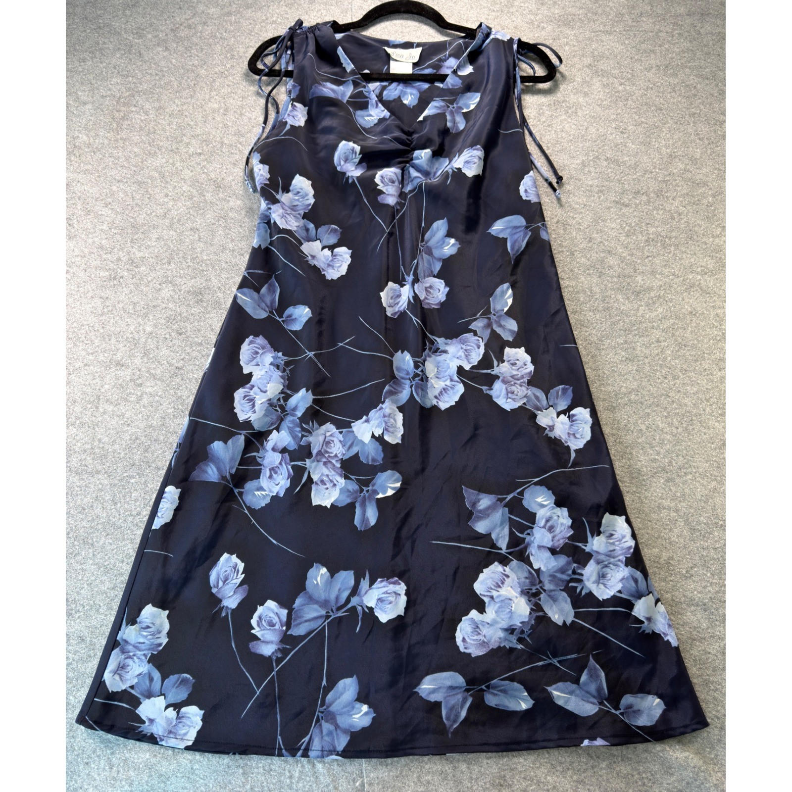 Lisa Jo Floral Midi Dress Women Large Navy Blue Vintage 90s Y2K Tie Shoulder