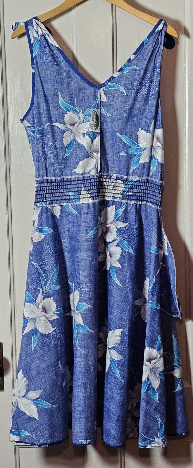 VGT 90s Banana Bay Dress Size M Blue Cotton Tropical Floral Hawaiian Hibiscus