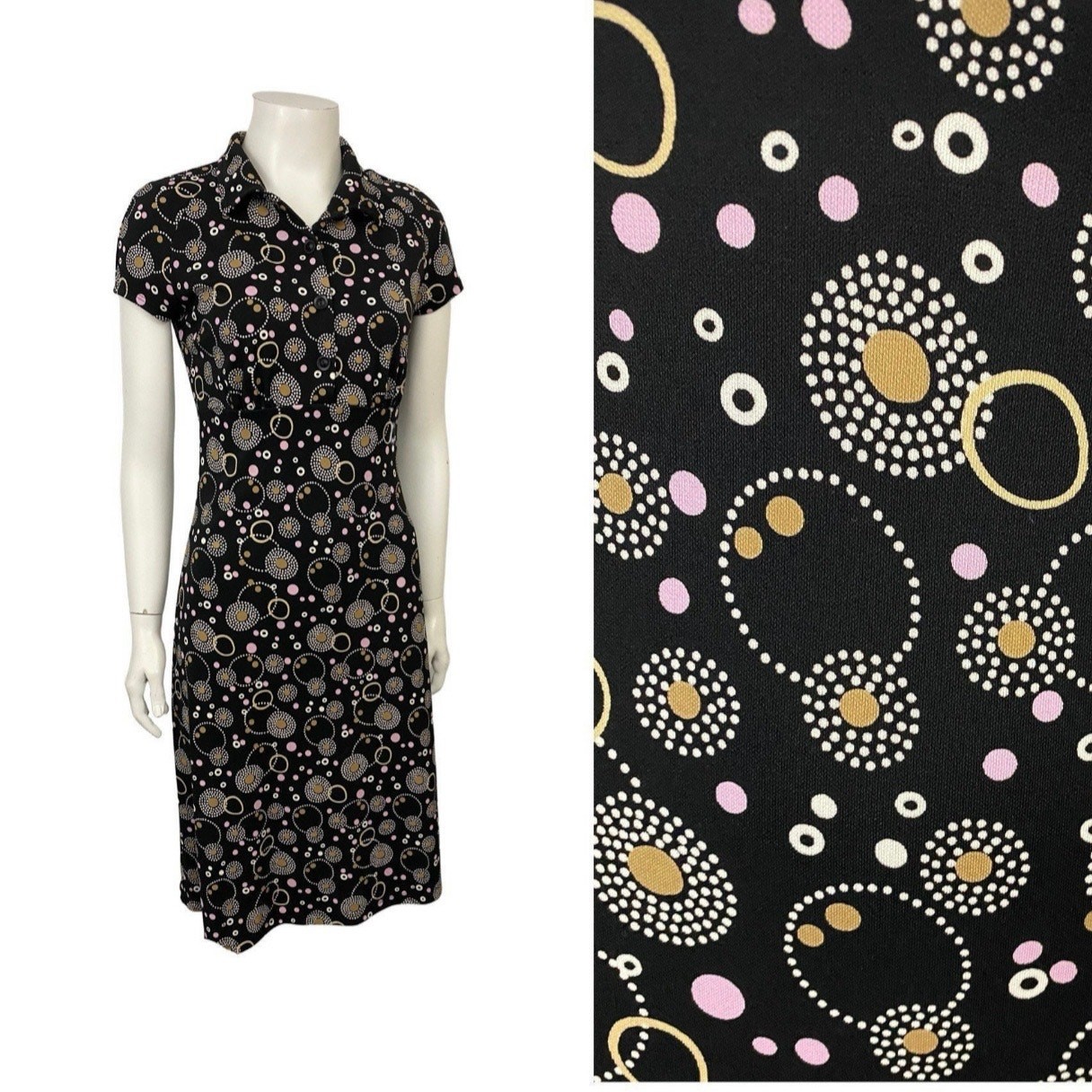 Vintage 90s Y2K Mod Dot Dress Collared Empire Waist Indie Retro Small ^