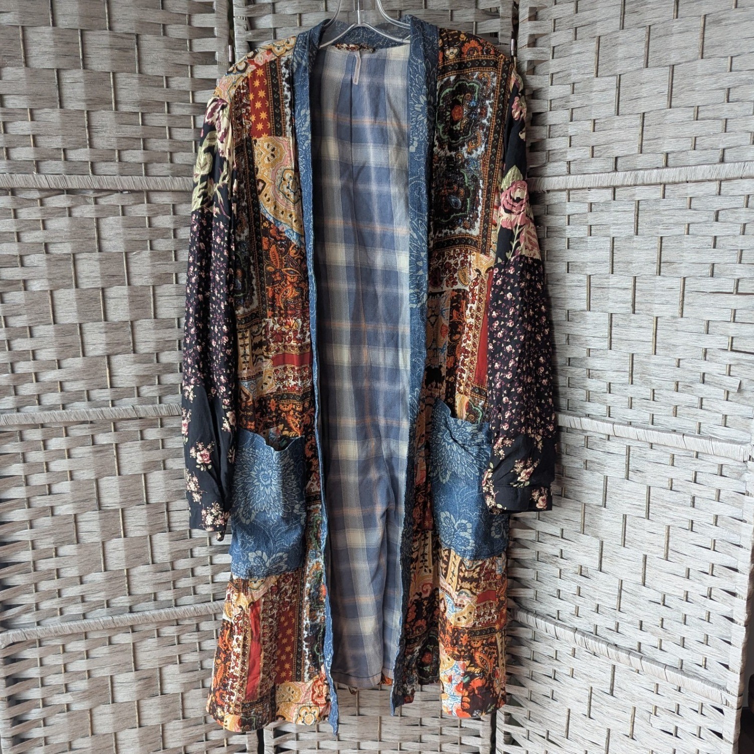 Free People Song Bird Duster Jacket Patchwork Mixed Print Sz M Boho Festival