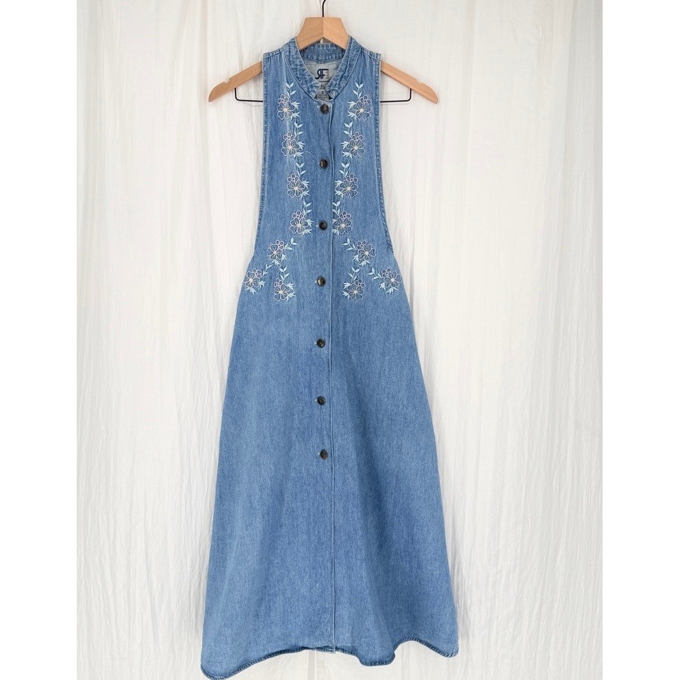 Vintage Rafaella Embroidered Denim Button Front Maxi Dress Floral Cottagecore S