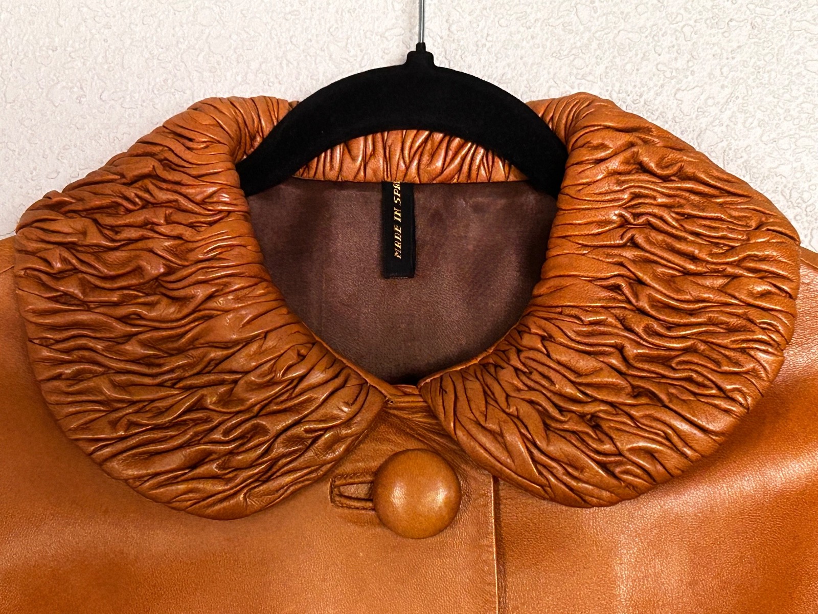 VTG Camel Brown 3/4 Length Sleeve Leather Coat Women&rsquo;s Handcrafted in Spain