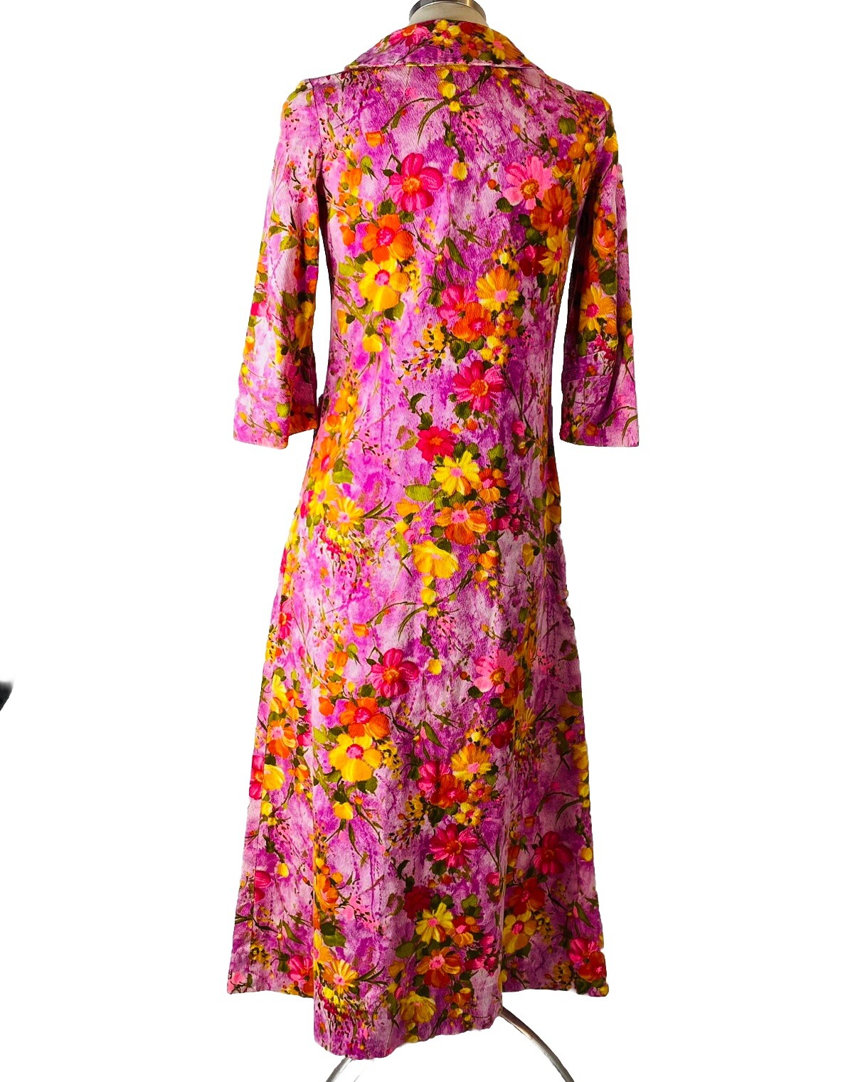 Vtg 60s 70s Midi Dress sz S Purple Floral 3/4 Sleeves Pockets Handmade Unbranded