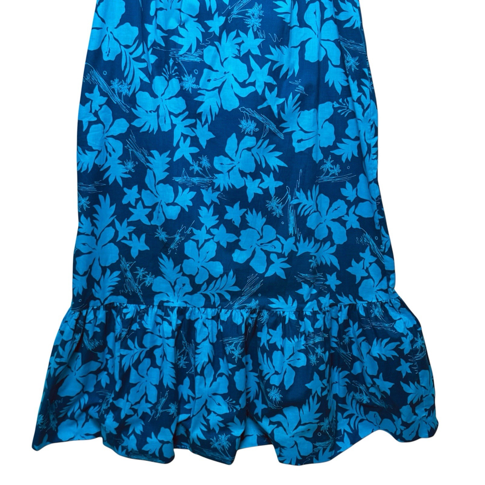 VTG Hilo Hattie L Cotton Maxi Muumuu Tropical Hibiscus Turquoise Made In Hawaii