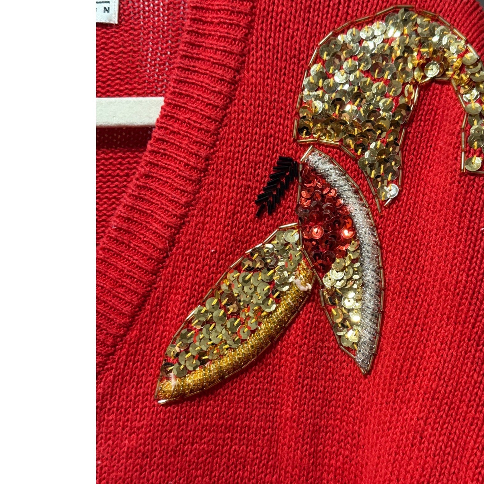 Kitschy Retro Vintage Western Connection Red Sweater Sequin Pearl Embellished S