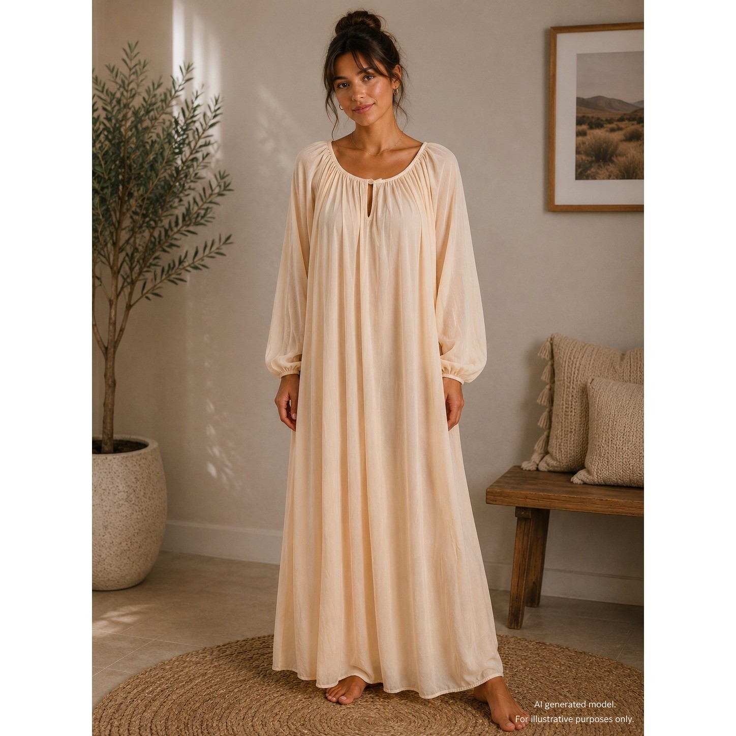 Vintage Peach Long Sleeve Nightgown Maxi Sleepwear One Size Regencycore