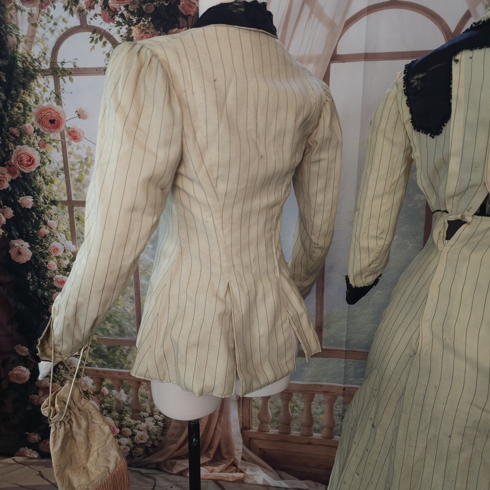 Antique Walking Suit 2 Pc Cream Pinstripe Purse Dress Black Trim Blazer Jacket