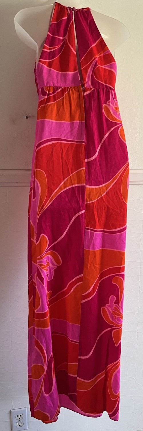 Vtg 1970s FUMI&rsquo;S At WAIKIKI Floral Pink Orange Bark Cloth Hawaiian Maxi Dress 10