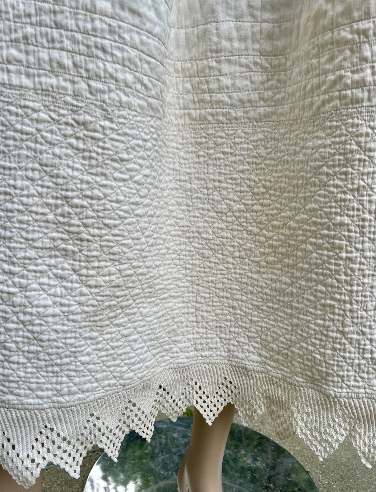 ANTIQUE EDWARDIAN WHITE COTTON QUILTED PETTICOAT W/ CROCHETED HEM