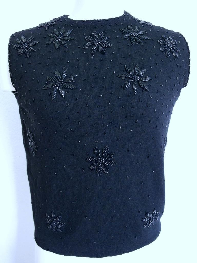 Vintage 50s 60s Wool Angora Beaded Sleeveless Sweater Shell Top Black 36&Prime; Bust
