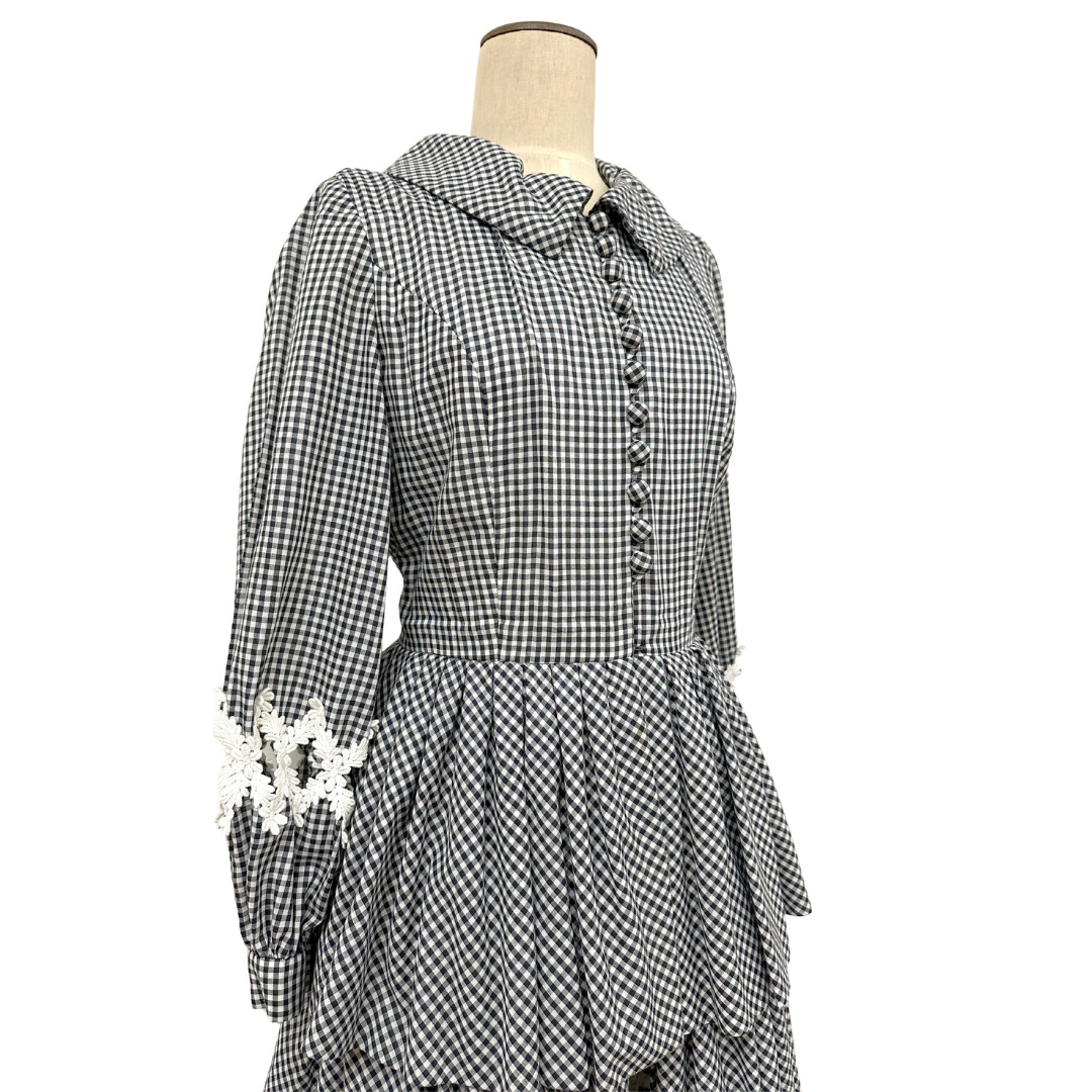 Vintage 1970s Gingham Black & White Layered Tiered Open Front Cutout Sleeve Coat