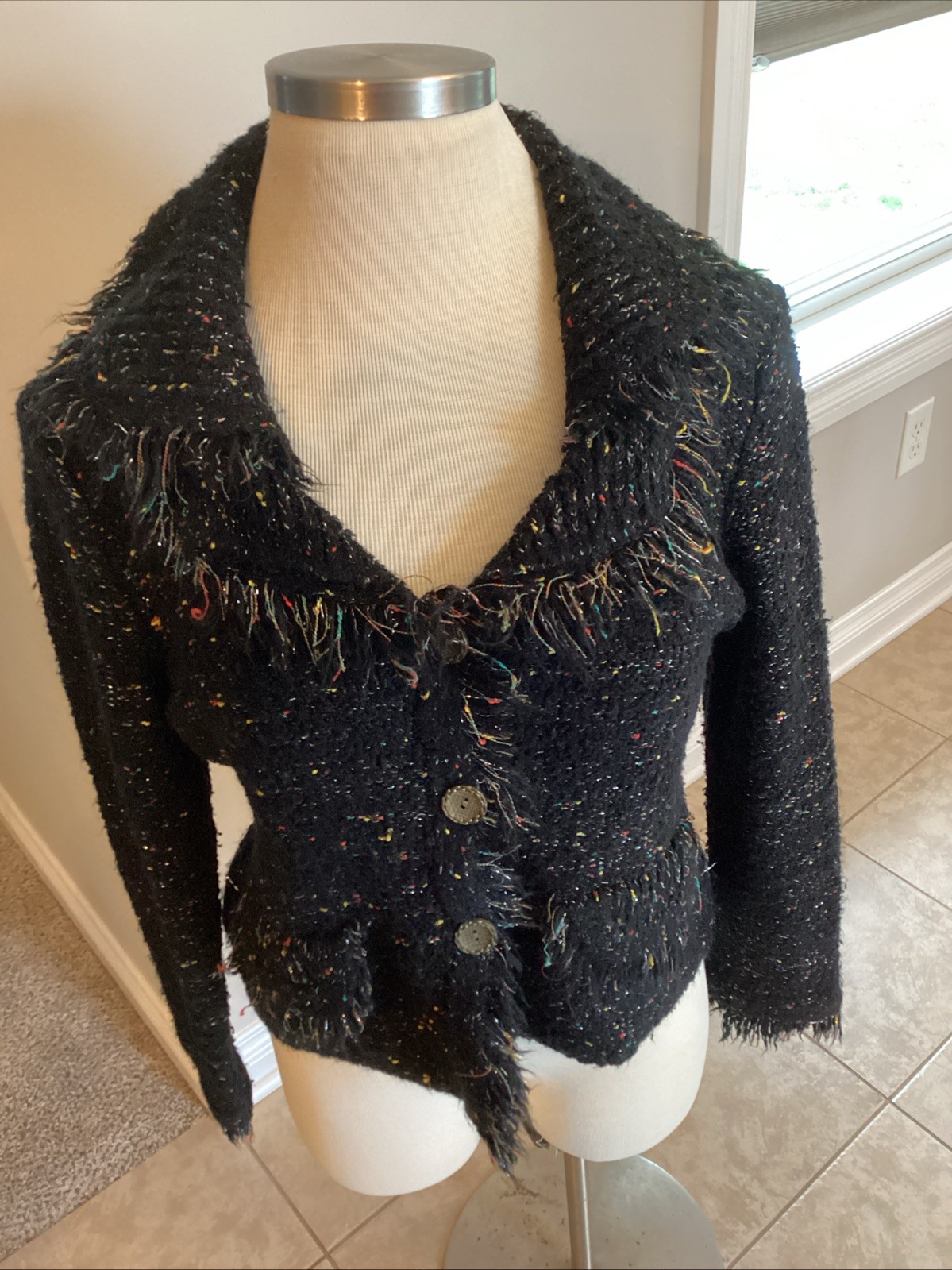Milano Acrylic Fringe Trim Button Speckled Metallic Cardigan Size XL Black