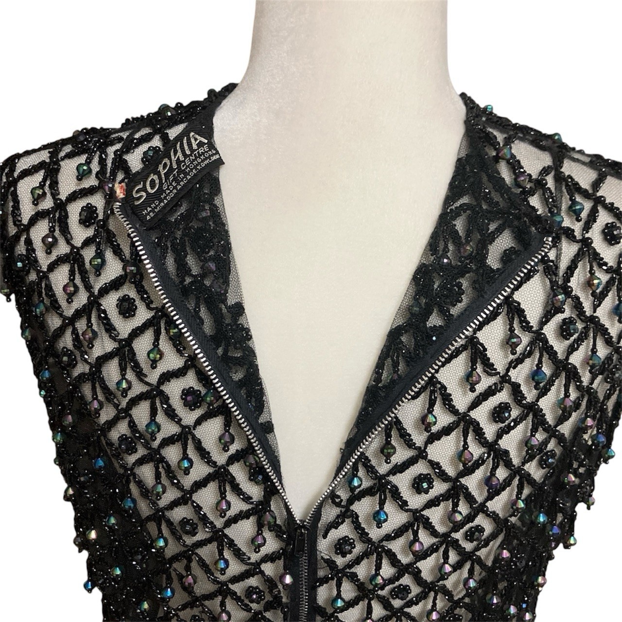 Vintage Handmade Beaded Mesh Iridescent Sleeveless Black Top