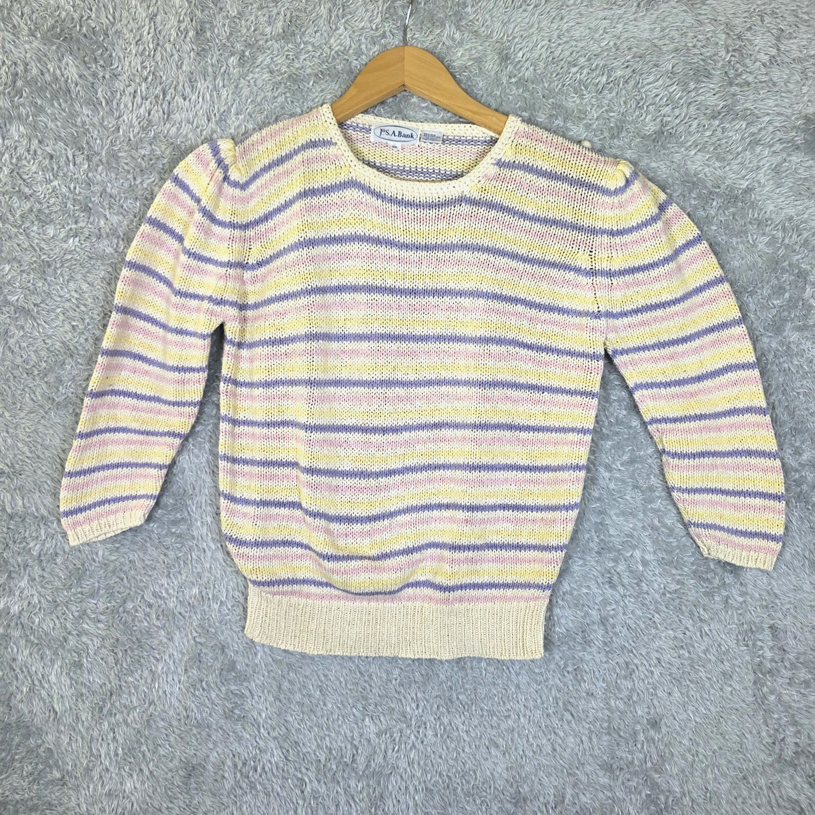 Vintage 80s 90s Jos A Bank Silk Cotton Knit Striped Sweater Pastel Oversized M L