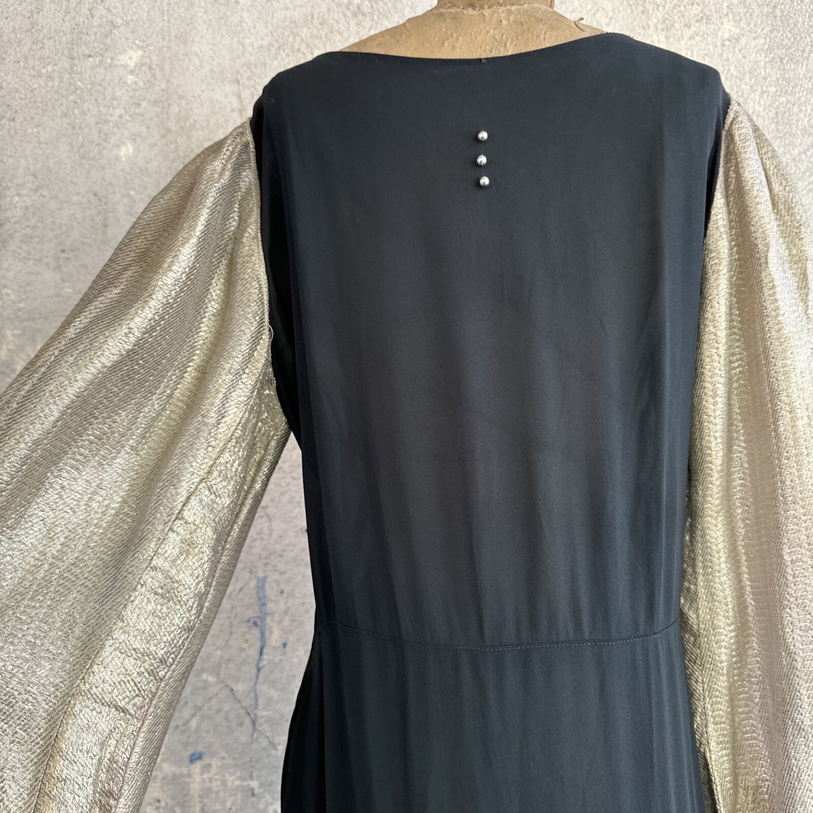 Vintage 1930s Black Silk Dress Silver Lamé Balloon Sleeves Metal Bead Accents
