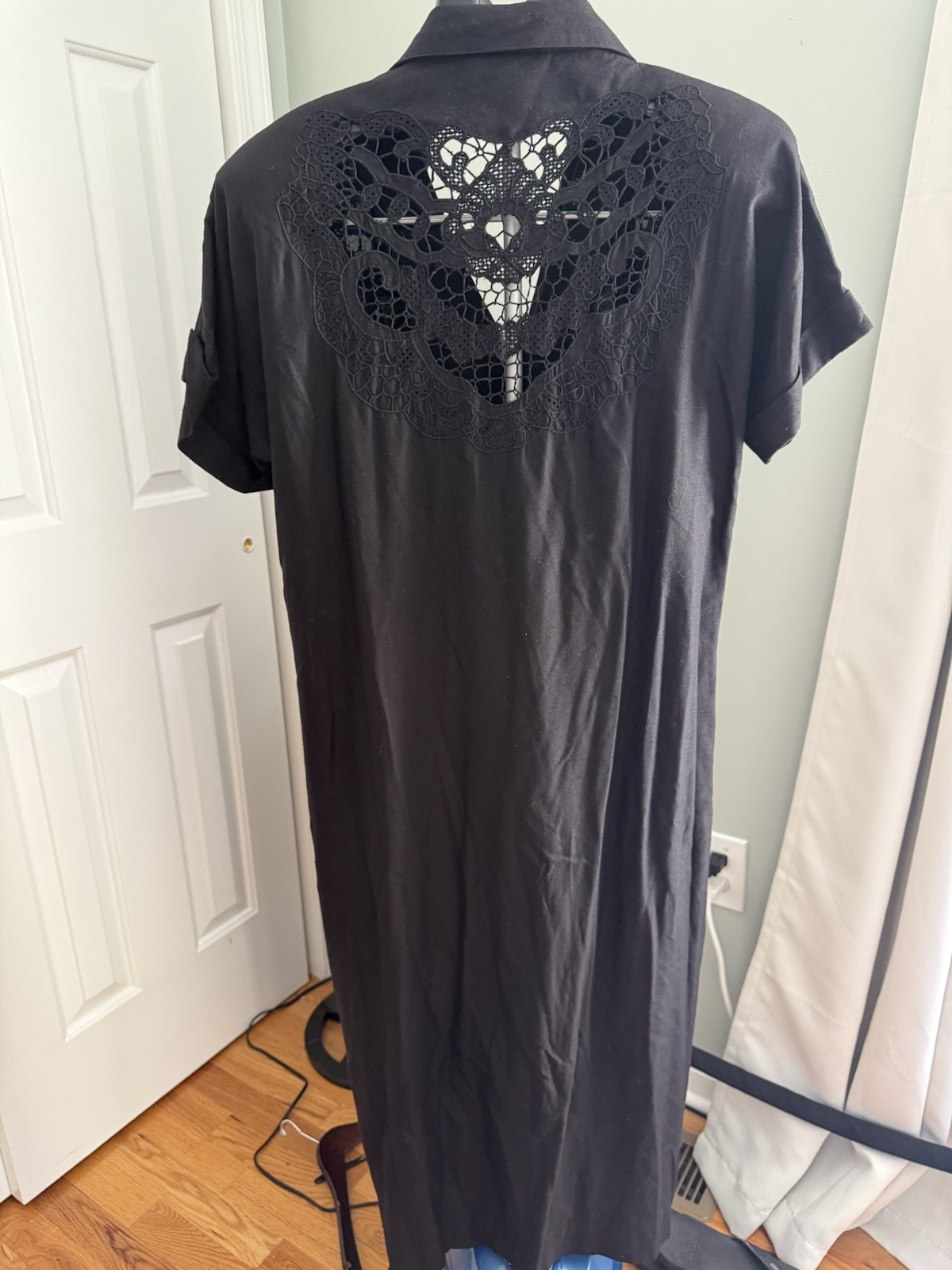 Vintage Silk Studio 100% Silk Black Button Front Midi Dress Lace Back Size 12