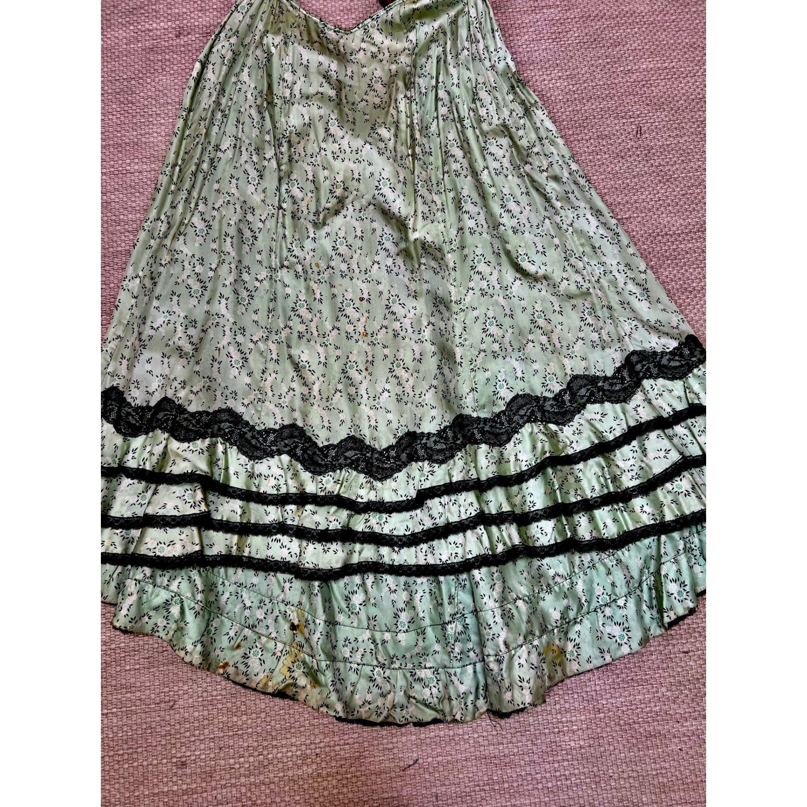 Antique Victorian Mint Green Printed Silk Two Piece Floral Skirt Set Black Lace